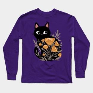 Black Cat in Golden Flowers Long Sleeve T-Shirt